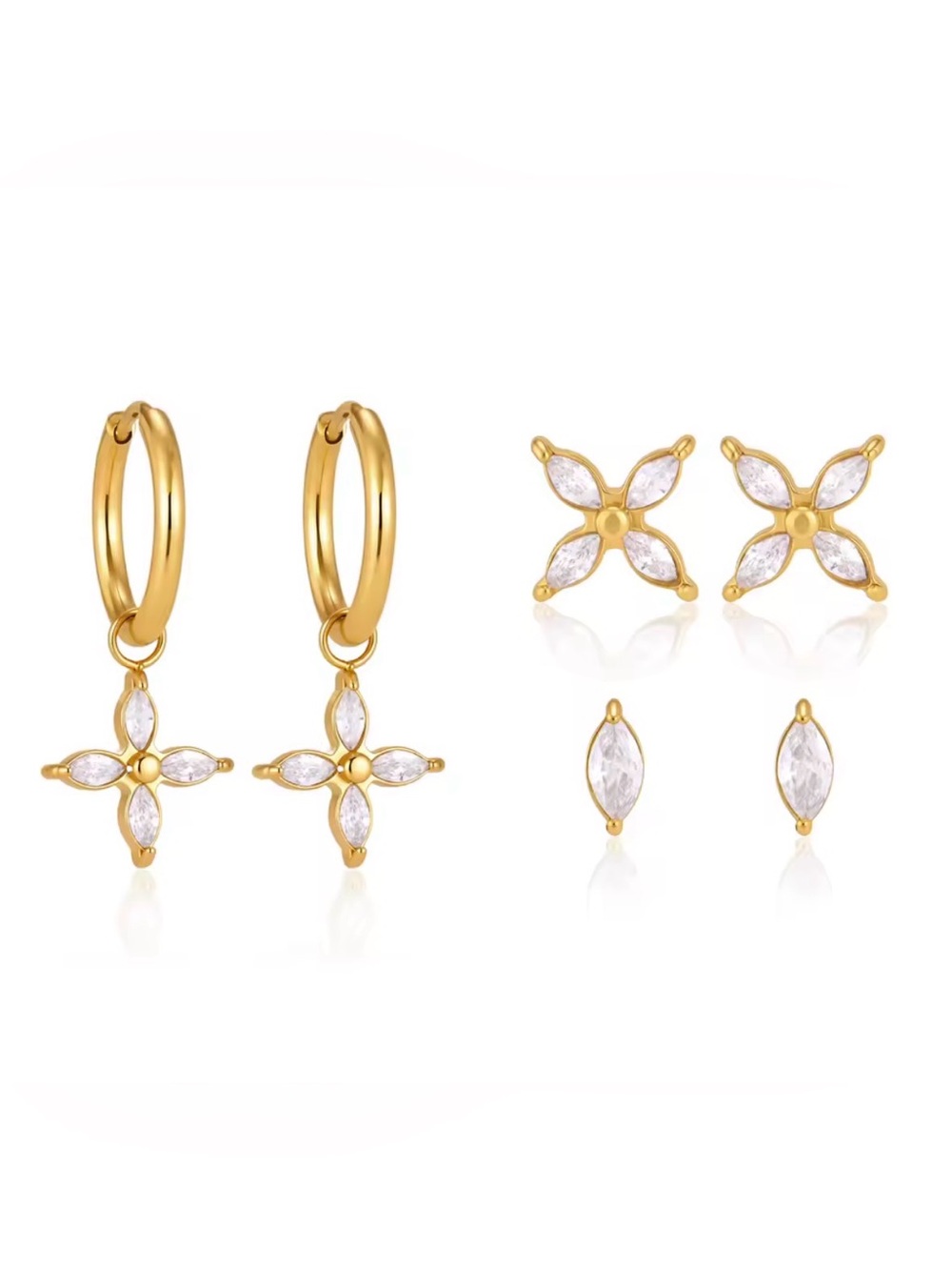 Gold Floral CZ Hoop and Stud Earring Set